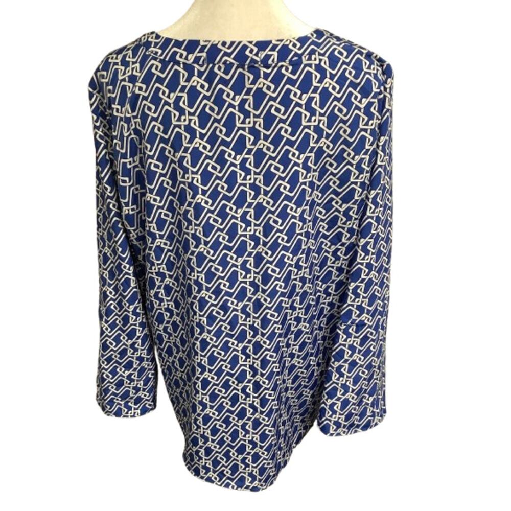 Adrienne Vittadini Blue/White Geometric Print Long Sleeve Top L Preppy, Bold - Picture 3 of 7